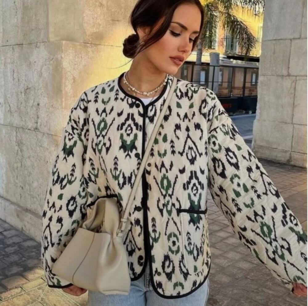 Zara Quilted Bomber Jacket Size Medium Cream Green Navy Multicolor Pattern EUC